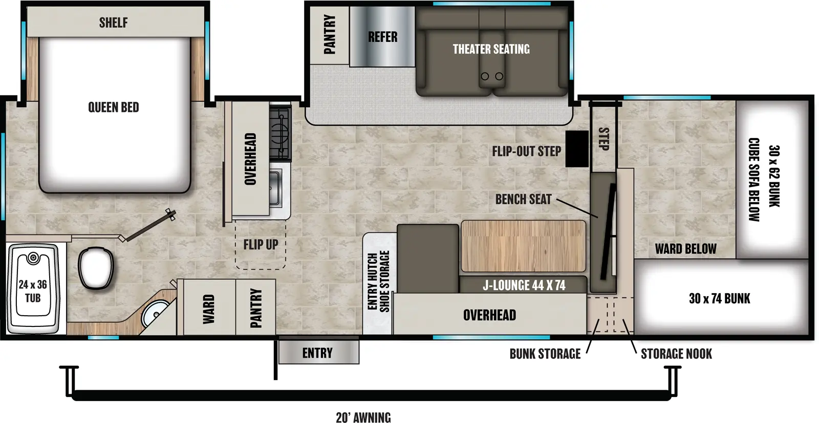 The Chaparral 218SE floorplan has one entry and two slide outs. Exterior features include: fiberglass exterior and 20' awning. Interiors features include: bunk beds and rear bedroom.